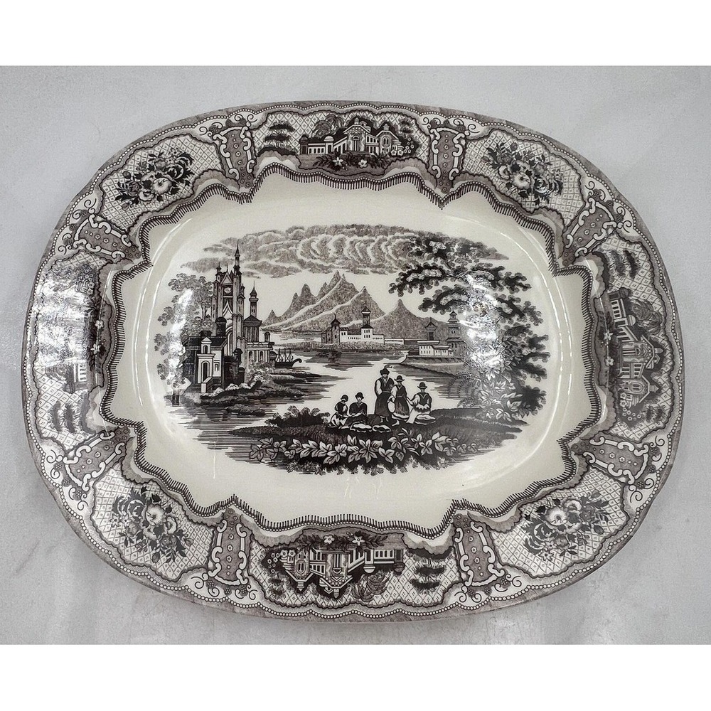 TWO'S COMPANY VINTAGE BROWN TRANSFERWARE OVAL PLATTER SERVING TRAY 16" X 13"